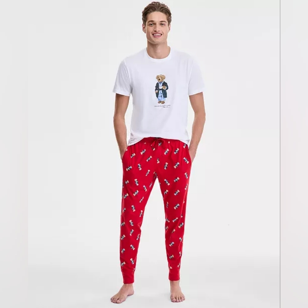 Polo Ralph Lauren Polo Bear Jogger Pajama Set M White/Red with Morning Robe Bear